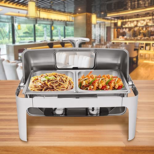 110V 400W Electric Chafing Dish Buffet Set Commercial 2-Trays 9QT Chafing Buffet Servers with Two Heating Methods and Clear Roll-Open Lid for Catering, Buffets, Parties