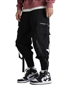 verdusa men's flap pocket drawstring elastic waist street cargo pants joggers black m