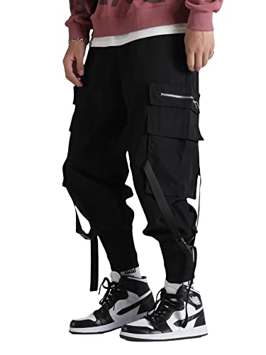 Verdusa Men's Flap Pocket Drawstring Elastic Waist Street Cargo Pants Joggers Black M