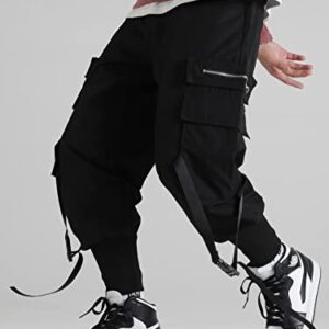 Verdusa Men's Flap Pocket Drawstring Elastic Waist Street Cargo Pants Joggers Black M