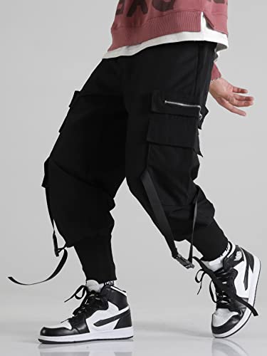 Verdusa Men's Flap Pocket Drawstring Elastic Waist Street Cargo Pants Joggers Black M