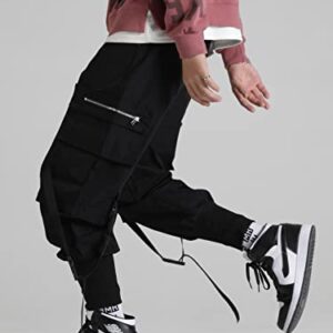 Verdusa Men's Flap Pocket Drawstring Elastic Waist Street Cargo Pants Joggers Black M