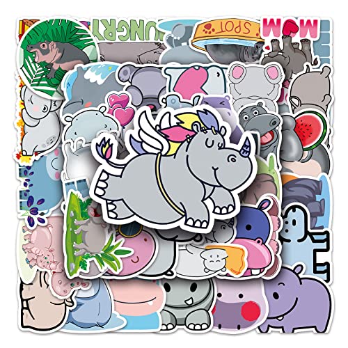 50 PCS Cute Hippo Stickers, Cartoon Animals Vinyl Decals Stickers for Water Bottle, Laptop, Bumpers, Skateboard, Helmet, Funny Hippo Stickers for Kids Teens Adults