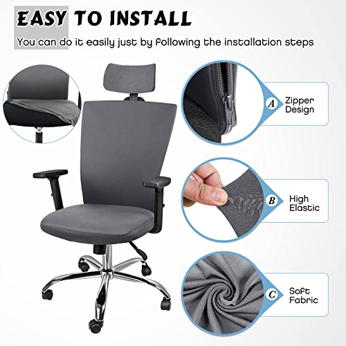 3 Pieces Headrest Chair Cover Office Chair Cover Rolling Desk Chair Cover Gaming Chair Covers Stretch Washable Computer Chair Slipcovers for Swivel Chair Armchair Computer Boss Chair (Dark Gray)