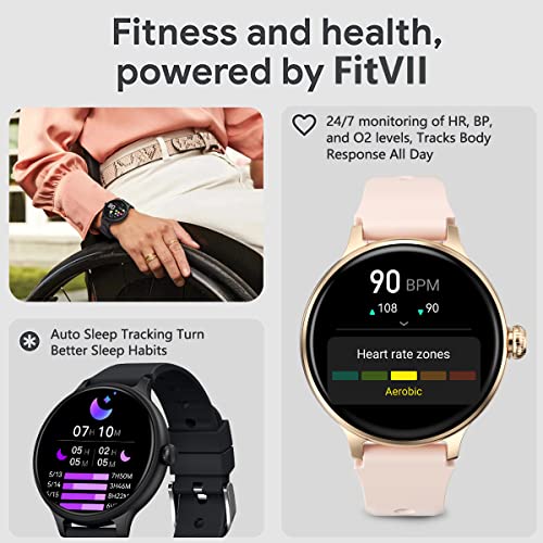 FITVII Smart Watch Answer/Make Call, Fitness Tracker with 24/7 Blood Pressure Heart Rate and Blood Oxygen Monitor, Sleep Tracker Calorie Step Counter Waterproof Smartwatch for Android iOS Women Men