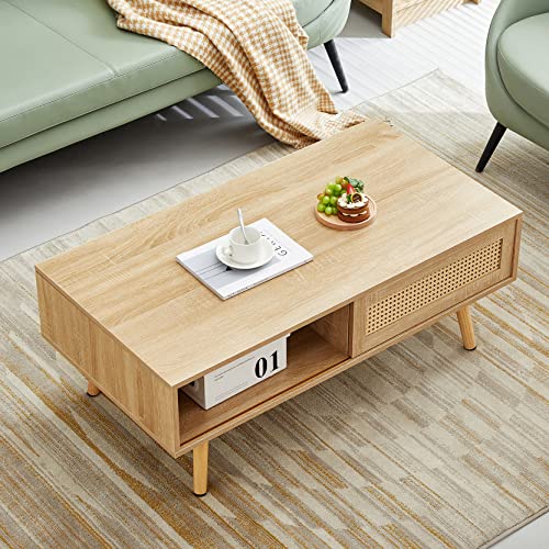 Mid Century Modern Coffee Table with Storage, 41.3 Inch Rectangle Wooden Accent Center Sofa Table with Sliding PE Rattan Woven Door Panel and Solid Wood Legs, Suitable for Living Room, Apartment