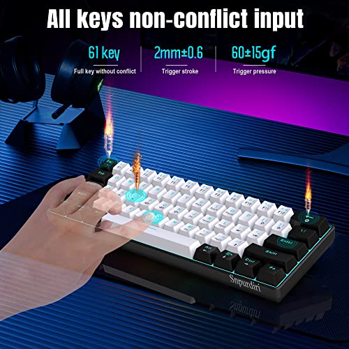 Snpurdiri 60% Wired Mechanical Gaming Keyboard, Ice Blue LED Backlit 61 Keys Mini Wired Office Keyboard for Windows Laptop PC Mac (Black-White, Brown Switches)