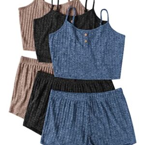 Ekouaer Sexy Loungewear Set for Womens Rib-Knit Outfits Camisole Top with Shorts Lounge Pj Set Khaki Black Plain Blue,Medium