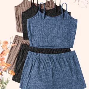 Ekouaer Sexy Loungewear Set for Womens Rib-Knit Outfits Camisole Top with Shorts Lounge Pj Set Khaki Black Plain Blue,Medium