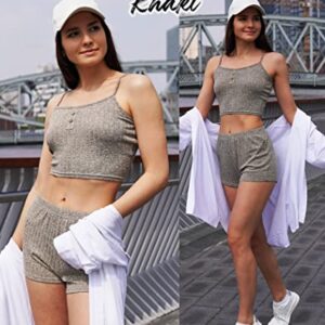 Ekouaer Sexy Loungewear Set for Womens Rib-Knit Outfits Camisole Top with Shorts Lounge Pj Set Khaki Black Plain Blue,Medium