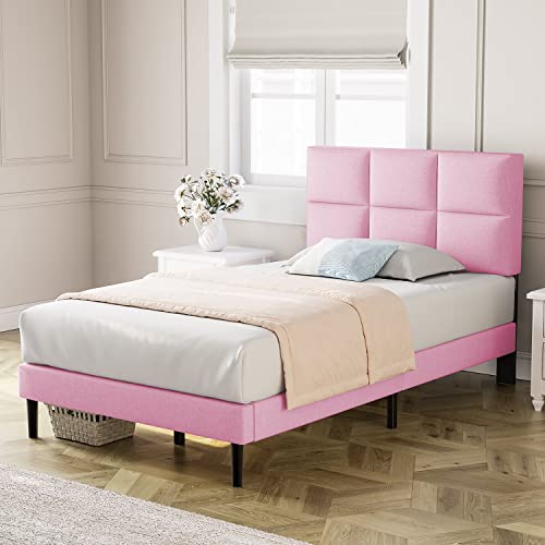 Molblly Twin Bed Frame Upholstered Platform with Headboard, Strong Frame and Wooden Slats Support, Linen Fabric Wrap, Non-Slip and Noise-Free,No Box Spring Needed, Easy Assembly, Pink