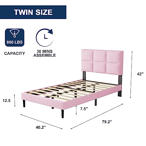 Molblly Twin Bed Frame Upholstered Platform with Headboard, Strong Frame and Wooden Slats Support, Linen Fabric Wrap, Non-Slip and Noise-Free,No Box Spring Needed, Easy Assembly, Pink