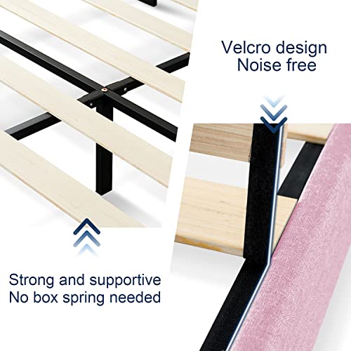 Molblly Twin Bed Frame Upholstered Platform with Headboard, Strong Frame and Wooden Slats Support, Linen Fabric Wrap, Non-Slip and Noise-Free,No Box Spring Needed, Easy Assembly, Pink