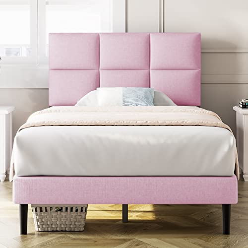 Molblly Twin Bed Frame Upholstered Platform with Headboard, Strong Frame and Wooden Slats Support, Linen Fabric Wrap, Non-Slip and Noise-Free,No Box Spring Needed, Easy Assembly, Pink