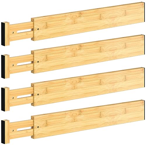 Drawer Divider, 4 PCS Bamboo Drawer Dividers Organizers, Adjustable Drawer Dividers for Clothes, Kitchen Drawer Divider, Dresser Drawer Divider, Drawer Separators, 17"-22" Expandable Drawer Divider