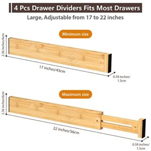 Drawer Divider, 4 PCS Bamboo Drawer Dividers Organizers, Adjustable Drawer Dividers for Clothes, Kitchen Drawer Divider, Dresser Drawer Divider, Drawer Separators, 17"-22" Expandable Drawer Divider