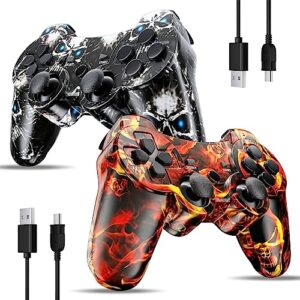 ishako wireless controller 2 pack for ps3, upgraded joystick controller for ps3 high performance double shock, touch pad, audio function compatible with playstation 3 / pro/slim/pc(flame+black skull)
