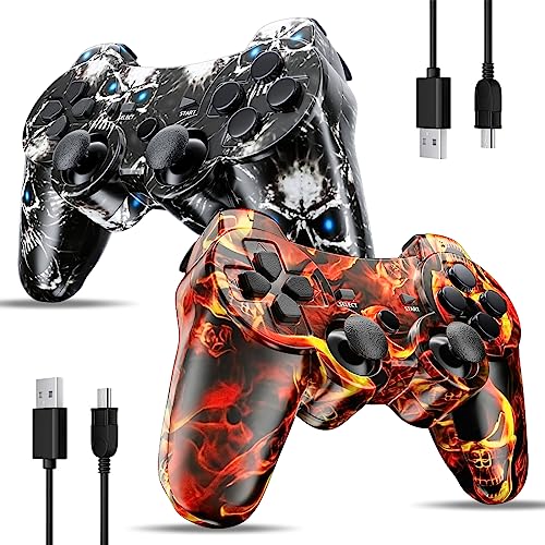 ISHAKO Wireless Controller 2 pack for PS3, Upgraded Joystick Controller for PS3 High Performance Double Shock, Touch Pad, Audio Function compatible with Playstation 3 / Pro/Slim/PC(Flame+Black Skull)