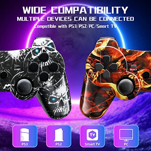 ISHAKO Wireless Controller 2 pack for PS3, Upgraded Joystick Controller for PS3 High Performance Double Shock, Touch Pad, Audio Function compatible with Playstation 3 / Pro/Slim/PC(Flame+Black Skull)