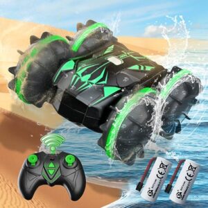 marvtown amphibious remote control car, 4wd 2.4ghz waterproof rc car with 360° flip and low battery alarm, all terrain water beach pool rc boat toy for boys and girls of age 6-12