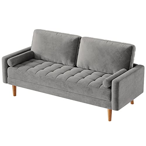 Vesgantti 58 inch Loveseat Sofa, 2 Seater Sofa for Small Space, Button Tufted Grey Velvet Couch with 2 Pillows, Mid Century Modern Couch w/Armrest, Small Couches for Living Room, Bedroom, Apartment