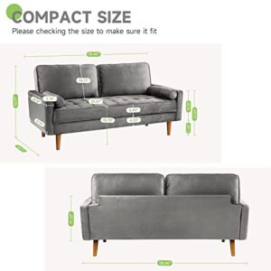 Vesgantti 58 inch Loveseat Sofa, 2 Seater Sofa for Small Space, Button Tufted Grey Velvet Couch with 2 Pillows, Mid Century Modern Couch w/Armrest, Small Couches for Living Room, Bedroom, Apartment