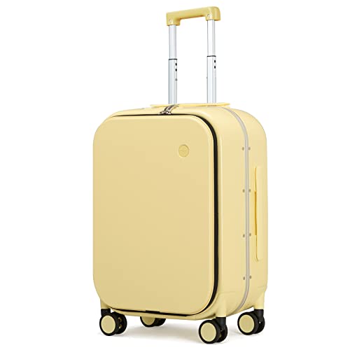 Carry On Luggage, 20'' Suitcase with Front Laptop Pocket, Travel Rolling Luggage Aluminum Frame PC Hardside with Spinner Wheels & TSA Lock and Cover - Lark Yellow