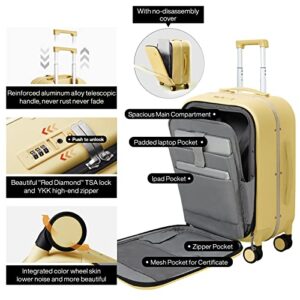 Carry On Luggage, 20'' Suitcase with Front Laptop Pocket, Travel Rolling Luggage Aluminum Frame PC Hardside with Spinner Wheels & TSA Lock and Cover - Lark Yellow