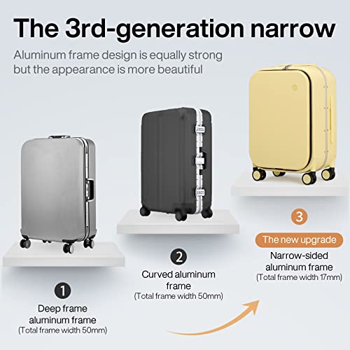 Carry On Luggage, 20'' Suitcase with Front Laptop Pocket, Travel Rolling Luggage Aluminum Frame PC Hardside with Spinner Wheels & TSA Lock and Cover - Lark Yellow