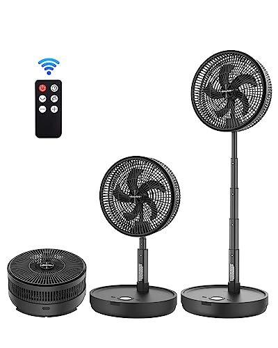 EasyAcc 12'' Portable Foldable Oscillating Standing Fan, Remote Control Rechargeable Fans for Home,10000 Battery Operated Fan with Adjustable Height, 8 Speed, Timer, Quiet Fan for Bedroom Camping