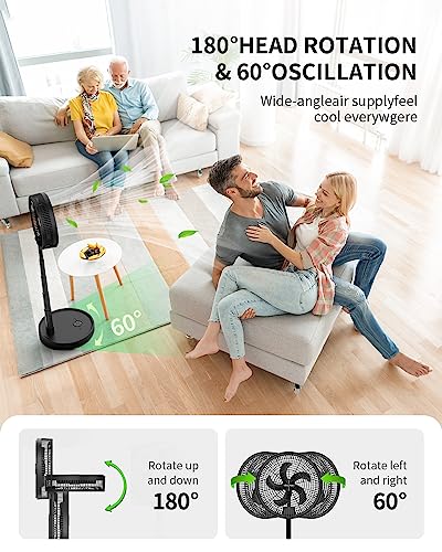 EasyAcc 12'' Portable Foldable Oscillating Standing Fan, Remote Control Rechargeable Fans for Home,10000 Battery Operated Fan with Adjustable Height, 8 Speed, Timer, Quiet Fan for Bedroom Camping