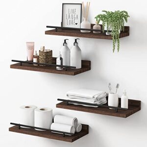 fixwal floating shelves, bathroom wall decor set of 4, rustic farmhouse wood bathroom wall shelves for bathroom, living room, kitchen, bedroom (carbonized black)