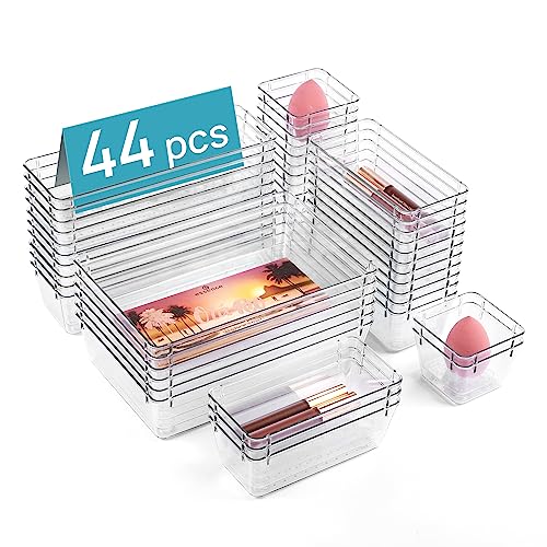 Vtopmart 44 PCS Clear Plastic Drawer Organizers Set, 4-Size Versatile Bathroom and Vanity Drawer Organizer Trays, Non-Slip Storage Containers for Makeup, Jewelries, Bedroom，Kitchen Utensils and Office