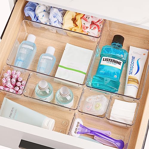 Vtopmart 44 PCS Clear Plastic Drawer Organizers Set, 4-Size Versatile Bathroom and Vanity Drawer Organizer Trays, Non-Slip Storage Containers for Makeup, Jewelries, Bedroom，Kitchen Utensils and Office