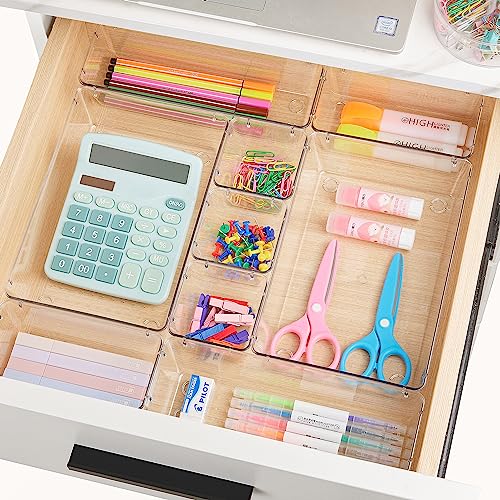 Vtopmart 44 PCS Clear Plastic Drawer Organizers Set, 4-Size Versatile Bathroom and Vanity Drawer Organizer Trays, Non-Slip Storage Containers for Makeup, Jewelries, Bedroom，Kitchen Utensils and Office