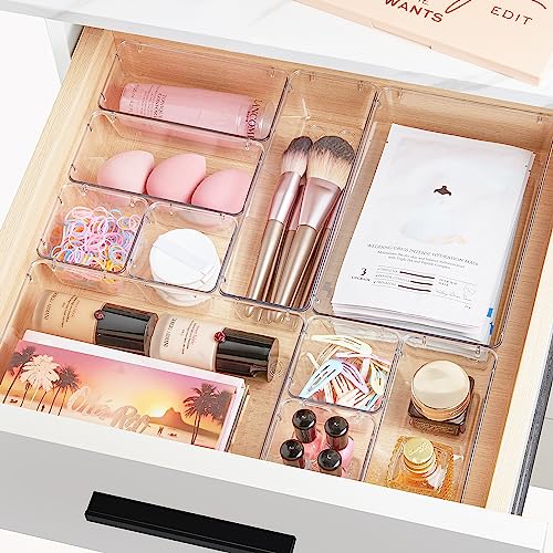 Vtopmart 44 PCS Clear Plastic Drawer Organizers Set, 4-Size Versatile Bathroom and Vanity Drawer Organizer Trays, Non-Slip Storage Containers for Makeup, Jewelries, Bedroom，Kitchen Utensils and Office