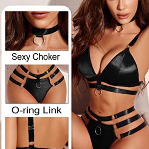 Avidlove Lingerie Set for Women Sexy Ring Linked Choker Bra and Panty Sets for Women Black X-large