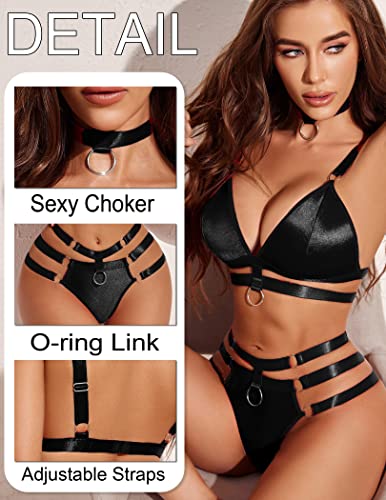 Avidlove Lingerie Set for Women Sexy Ring Linked Choker Bra and Panty Sets for Women Black X-large