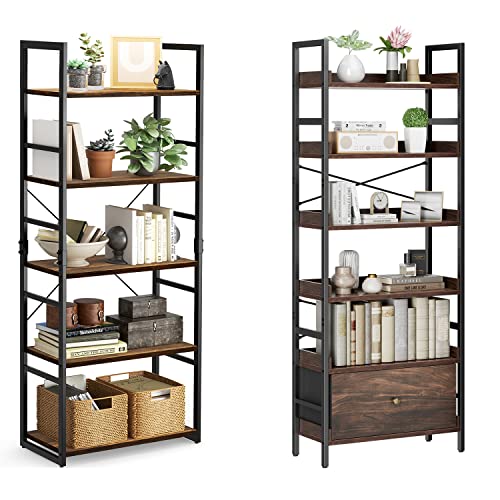 Pipishell Bookshelf, 6-Tier Bookcase with Storage Drawer, Tall Bookshelf Storage Rack with Metal Frame & Wood Grain Finish, Industrial Bookshelf for Living Room, Bedroom, and Home Office, PIBS02WN