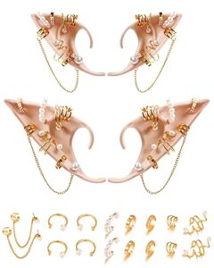 hikkcos 3pcs elf ears with piercings earrings cosplay fairy pixie ears halloween fairy ears soft pointed elf ears pearls earring with chains for fairy dress up accessories