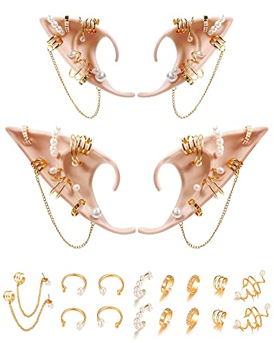 Hikkcos 3Pcs Elf Ears with Piercings Earrings Cosplay Fairy Pixie Ears Halloween Fairy Ears Soft Pointed Elf Ears Pearls Earring with Chains for Fairy Dress Up Accessories