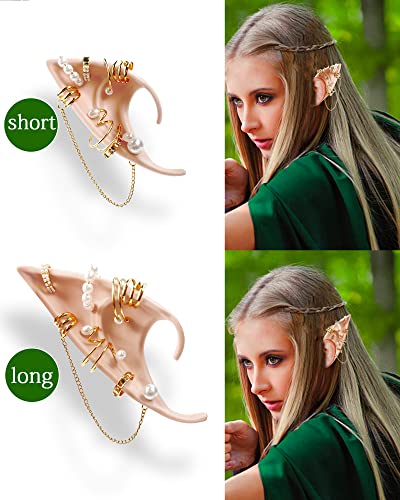 Hikkcos 3Pcs Elf Ears with Piercings Earrings Cosplay Fairy Pixie Ears Halloween Fairy Ears Soft Pointed Elf Ears Pearls Earring with Chains for Fairy Dress Up Accessories