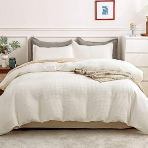 madeluo 100% cotton duvet cover queen, waffle weave white duvet cover set, soft breathable luxury comforter cover bedding set with 4 corner ties & zipper closure (white, queen(90"x 90"))