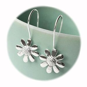 new silver plated daisy sunflower flower hook dangle drop earrings elegant cute unique stunning pretty jewerly perfect for any occasion crr01347ine