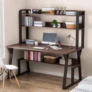 leconte computer desk with hutch, 47” writing study table + book and storage shelves, space saving home office workstation, brown