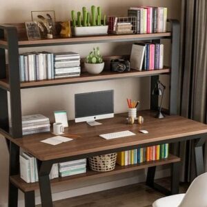 Leconte Computer Desk with Hutch, 47” Writing Study Table + Book and Storage Shelves, Space Saving Home Office Workstation, Brown