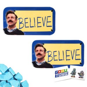 ted lasso believe candy filled tin (2 pack) blue raspberry flavored candy with 2 gosutoys stickers