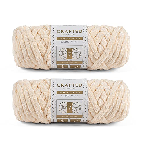 Crafted By Catherine Braided Velvet Yarn - 2 Pack (40 Yards Each Skein), Ivory, Gauge 7 Jumbo