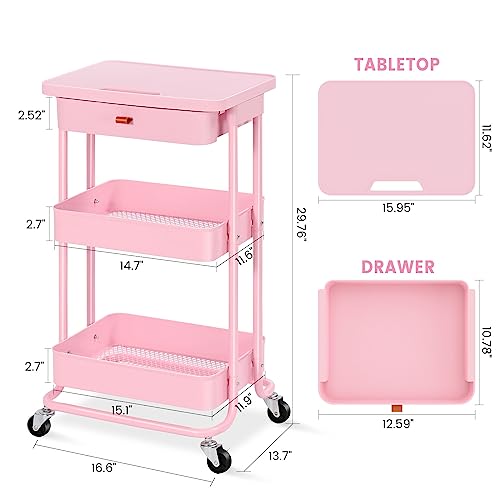 TOOLF Rolling Storage Cart with Drawer & Table Top, 3 Tier Metal Rolling Utility Cart, Rolling Cart Organizer for Teacher Craft Baby Nursery, Utility Cart for Kitchen Bathroom Bedside Office(Pink)