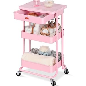 toolf rolling storage cart with drawer & table top, 3 tier metal rolling utility cart, rolling cart organizer for teacher craft baby nursery, utility cart for kitchen bathroom bedside office(pink)